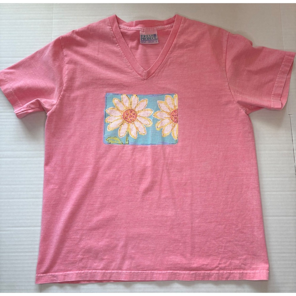 VTG 90s Fresh Produce Sun-Washed Pink Daisy Flower Graphic V-Neck Tee